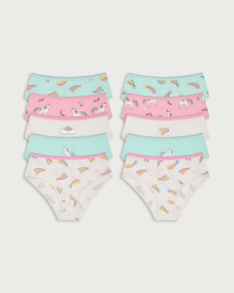 F&F Girls 10-Pack Pure Cotton Unicorn Print Knickers in Multi