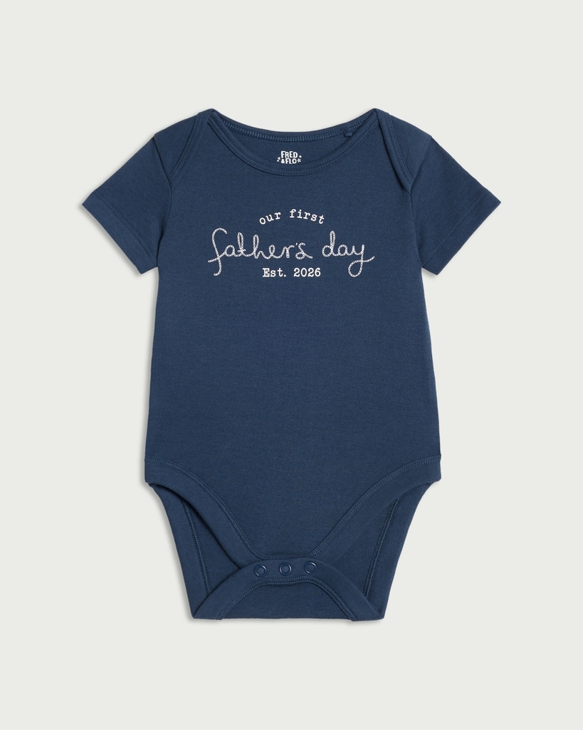 F&F Baby Pure Cotton Our First Father's Day Short Sleeved Bodysuit in Navy