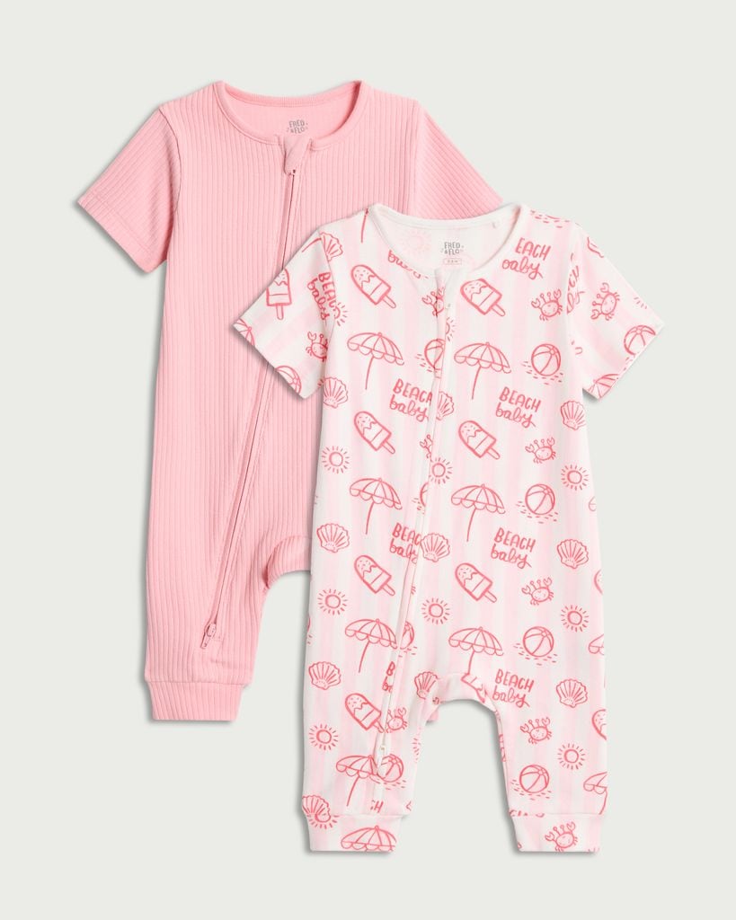 F&F Baby 2-Pack Cotton Rich Short Sleeved Sleepsuits in Pink