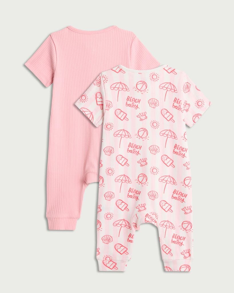 F&F Baby 2-Pack Cotton Rich Short Sleeved Sleepsuits in Pink thumbnail 2