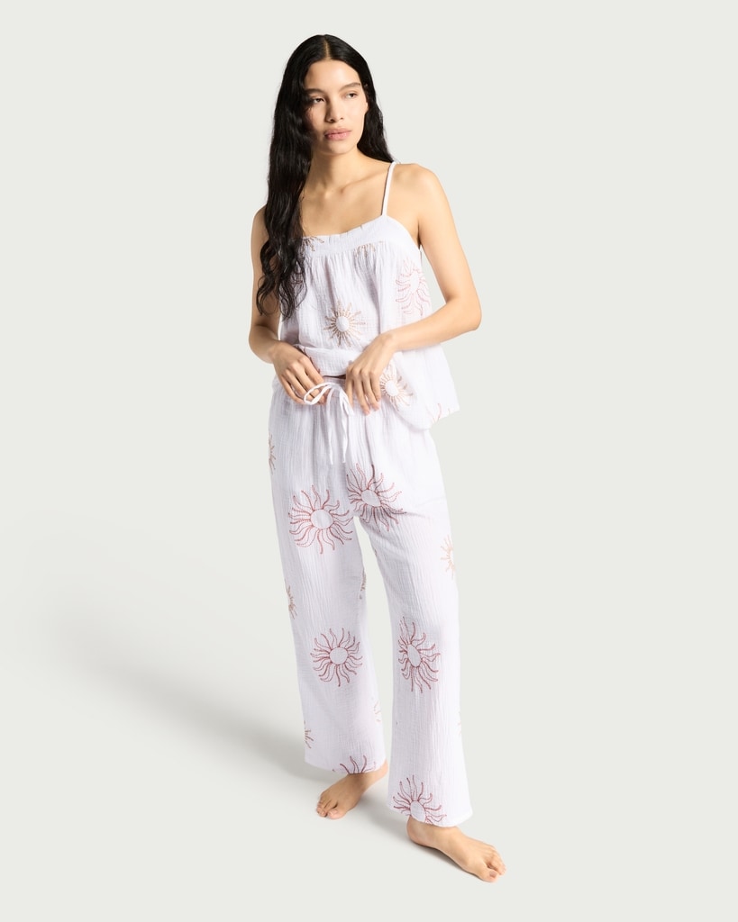 F&F Pure Cotton Sun Embroidered Drawstring Pyjama Bottoms in Cream thumbnail 2