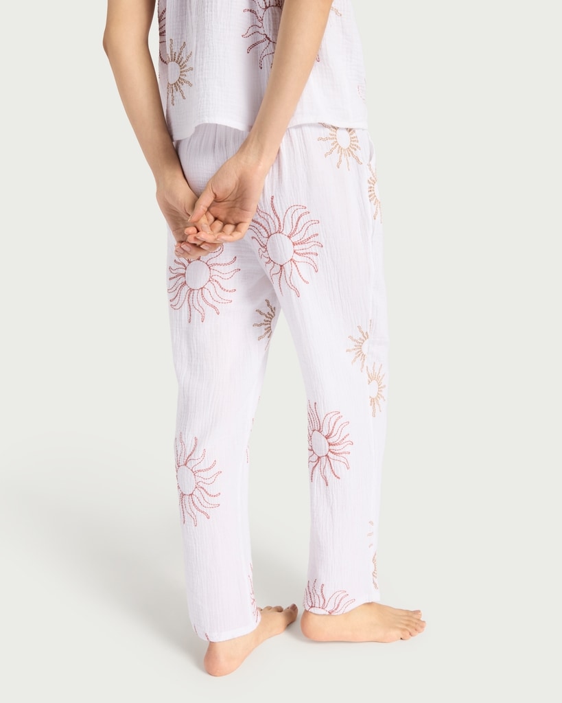 F&F Pure Cotton Sun Embroidered Drawstring Pyjama Bottoms in Cream thumbnail 3