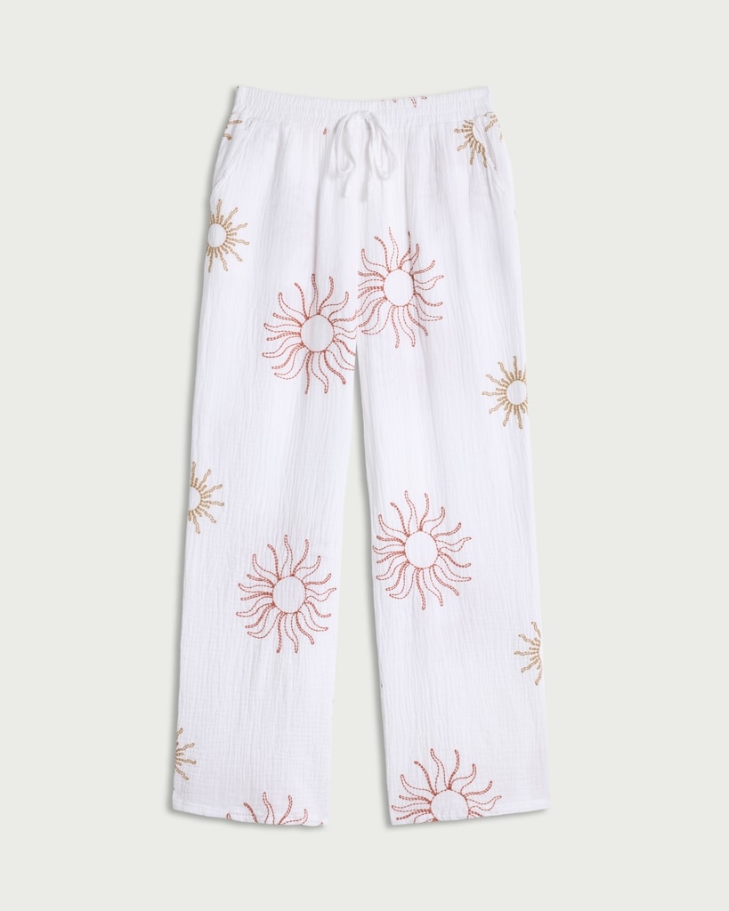 F&F Pure Cotton Sun Embroidered Drawstring Pyjama Bottoms in Cream thumbnail 4