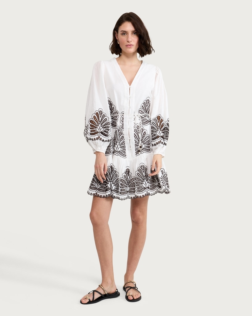 The F&F Edit Pure Cotton Embroidered Buttoned Mini Dress in Multi Red