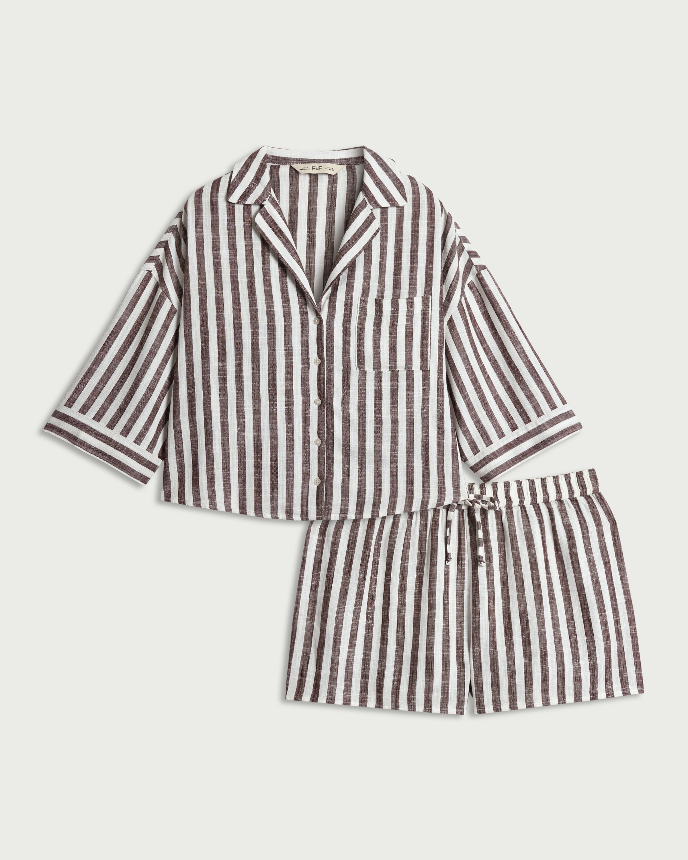 F&F Striped Short Pyjama Set with Linen in Brown thumbnail 4
