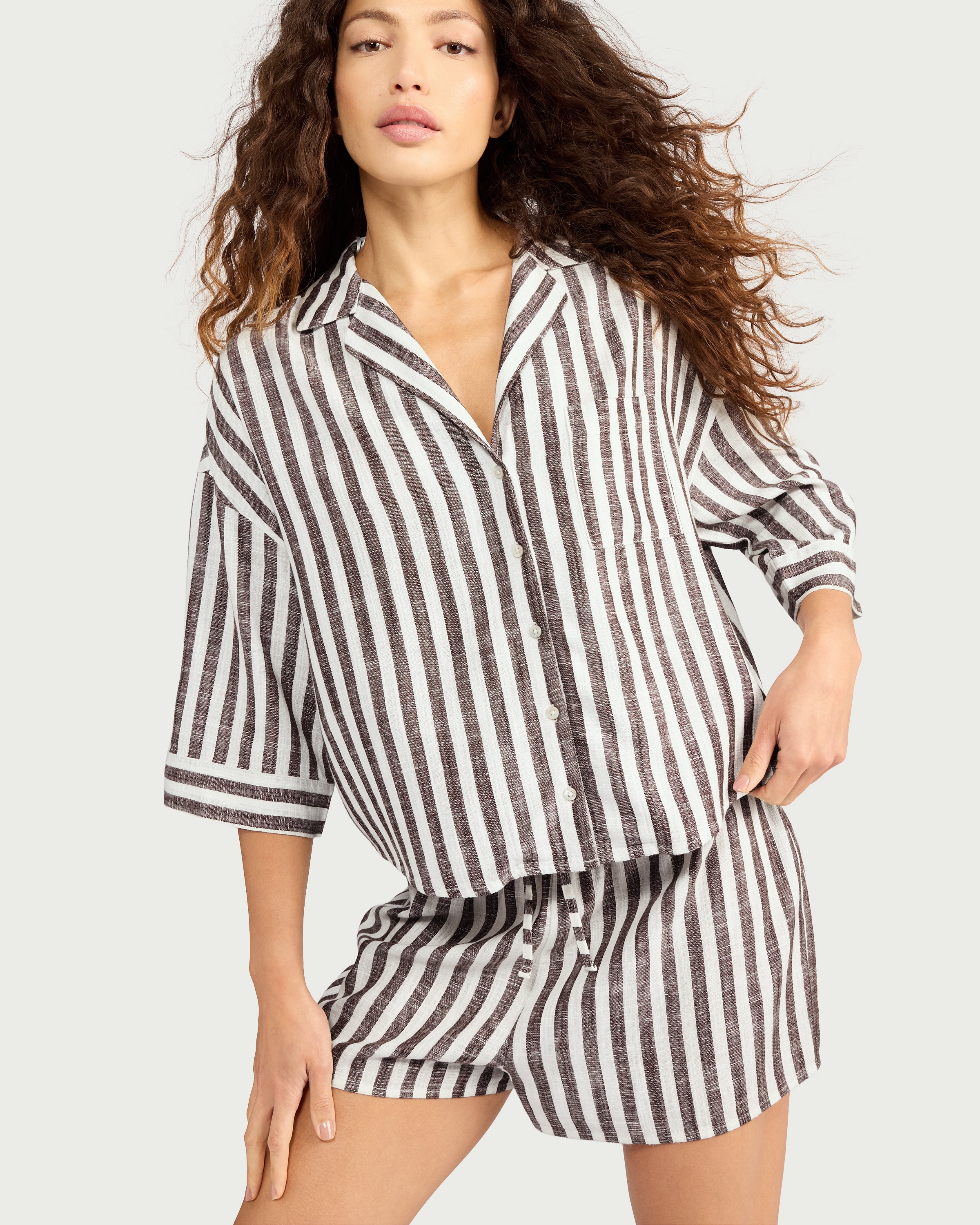 F&F 2-Piece Striped Pyjama Set in Brown thumbnail 2
