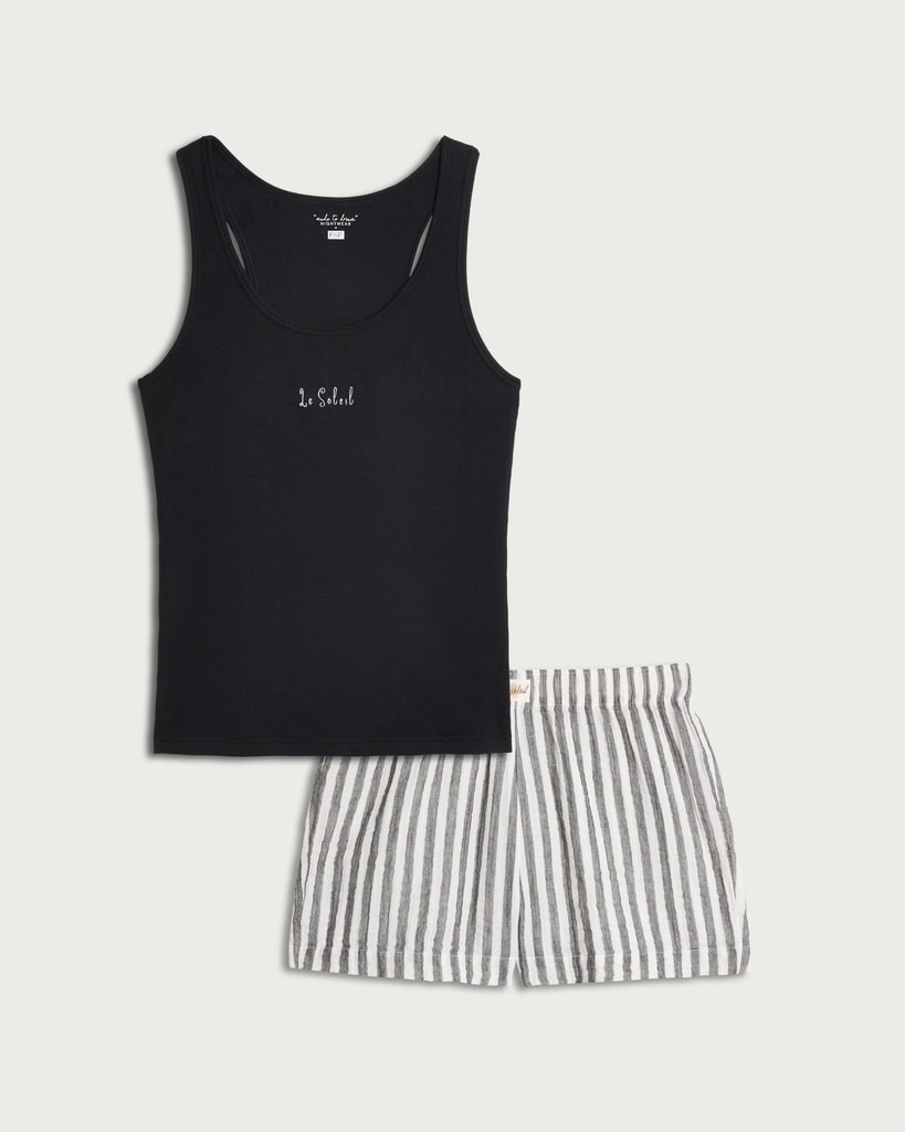 F&F Cotton Rich Striped Short Pyjama Set in Multi Black thumbnail 4