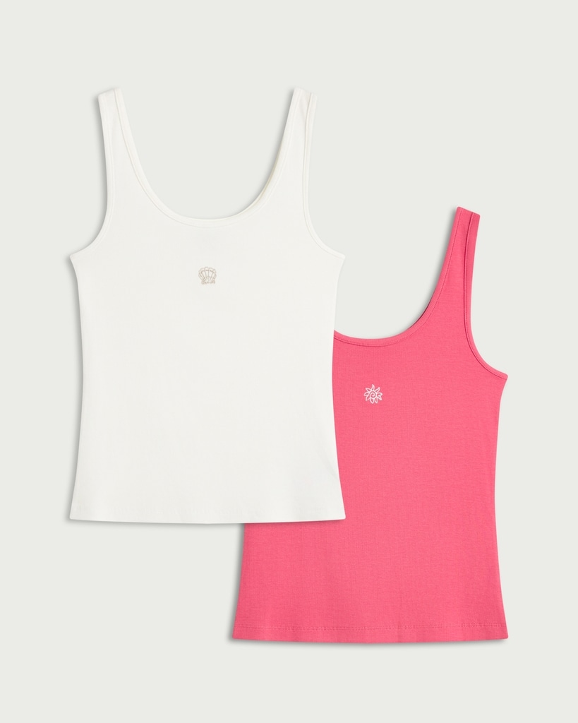 F&F 2-Pack Cotton Rich Embroidered Pyjama Vests in Multi Pink thumbnail 2