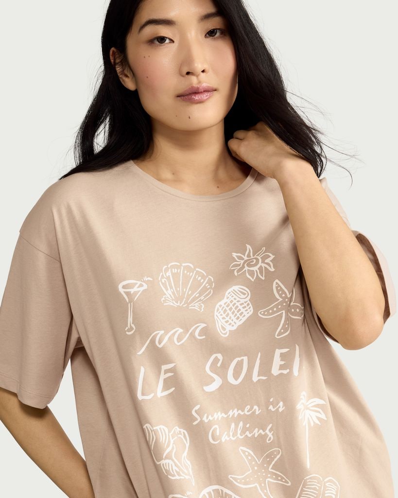 F&F Pure Cotton Le Soleil Print Pyjama T-Shirt in Stone
