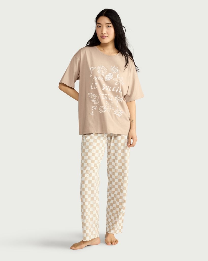 F&F Pure Cotton Le Soleil Print Pyjama T-Shirt in Stone thumbnail 2