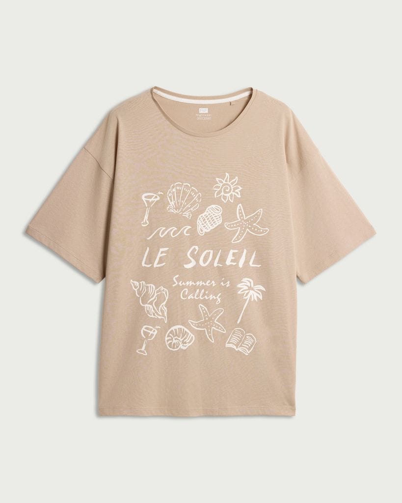 F&F Pure Cotton Le Soleil Print Pyjama T-Shirt in Stone thumbnail 4