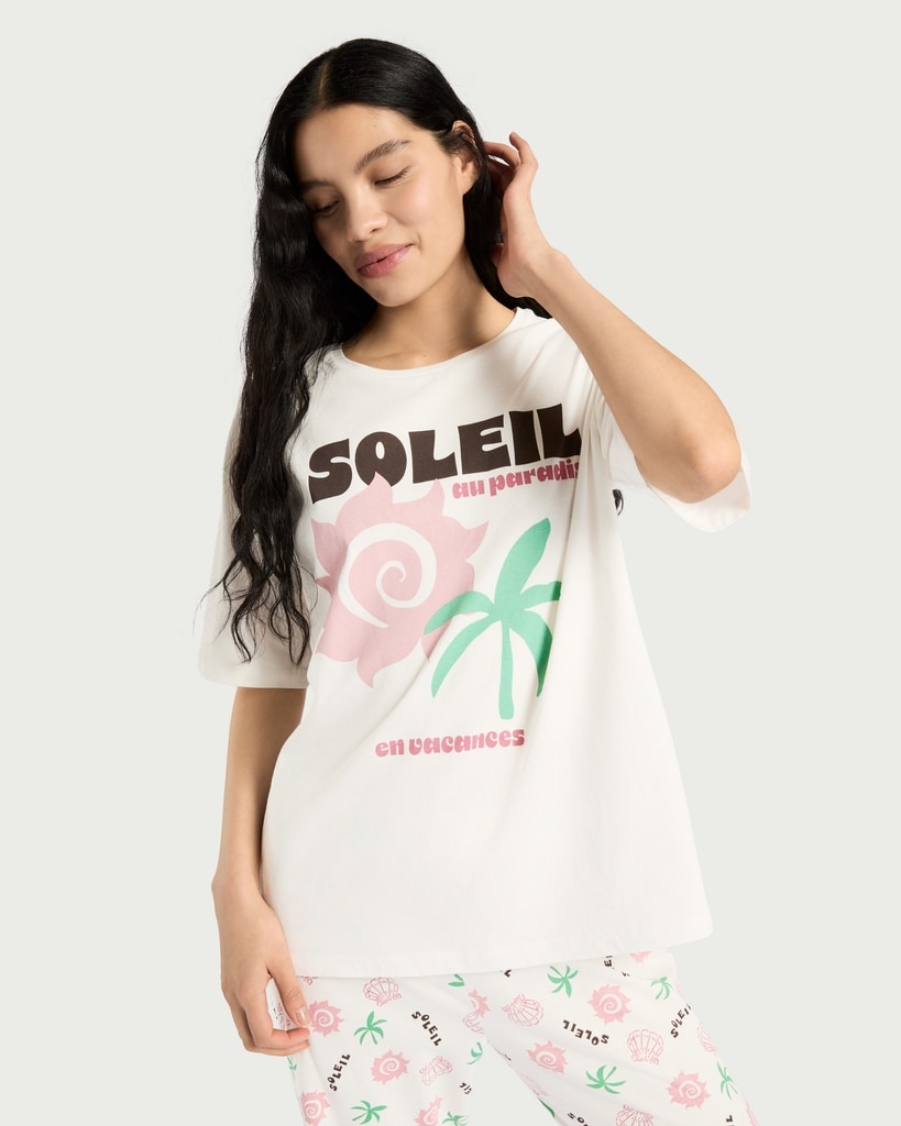F&F Pure Cotton Soleil Print Pyjama T-Shirt in Multi White thumbnail 2