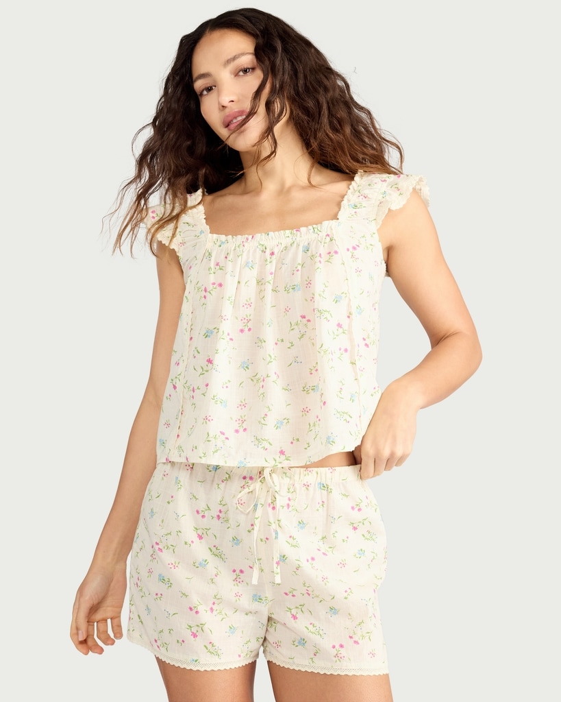F&F Pure Cotton Floral Print Flutter Sleeved Pyjama Top in Multi White thumbnail 2