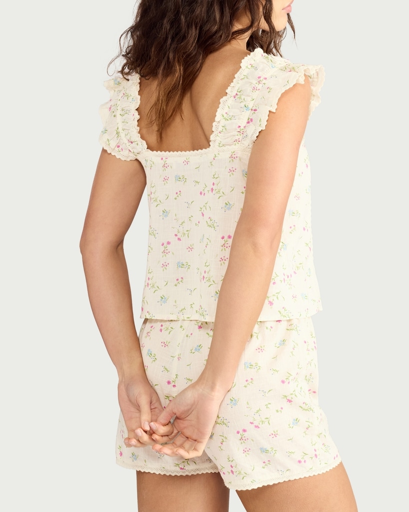 F&F Pure Cotton Floral Print Flutter Sleeved Pyjama Top in Multi White thumbnail 3