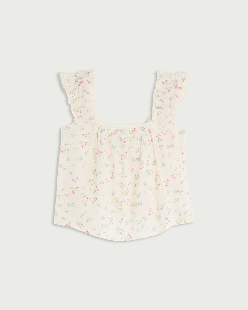 F&F Pure Cotton Floral Print Flutter Sleeved Pyjama Top in Multi White thumbnail 4