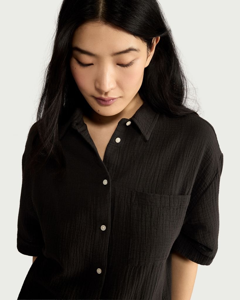 F&F Pure Cotton Double Cloth Textured Button Up Pyjama Shirt in Black