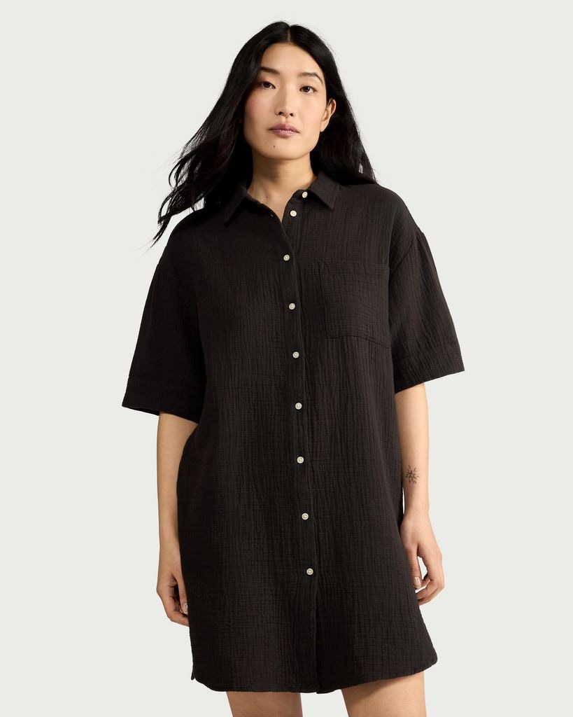 F&F Pure Cotton Double Cloth Textured Button Up Pyjama Shirt in Black thumbnail 2
