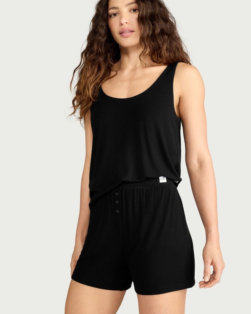 F&F CoolEase™ Ribbed Button Detail Pyjama Shorts in Black thumbnail 2