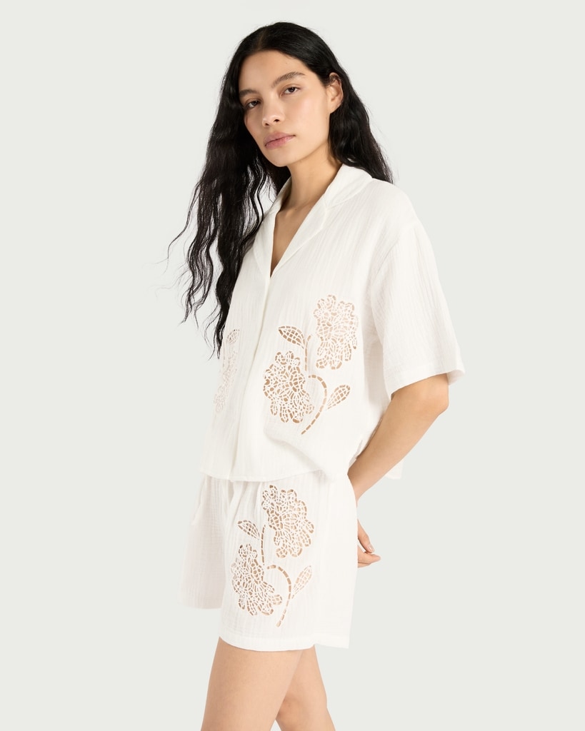 F&F Pure Cotton Cutwork Pyjama Shirt in White