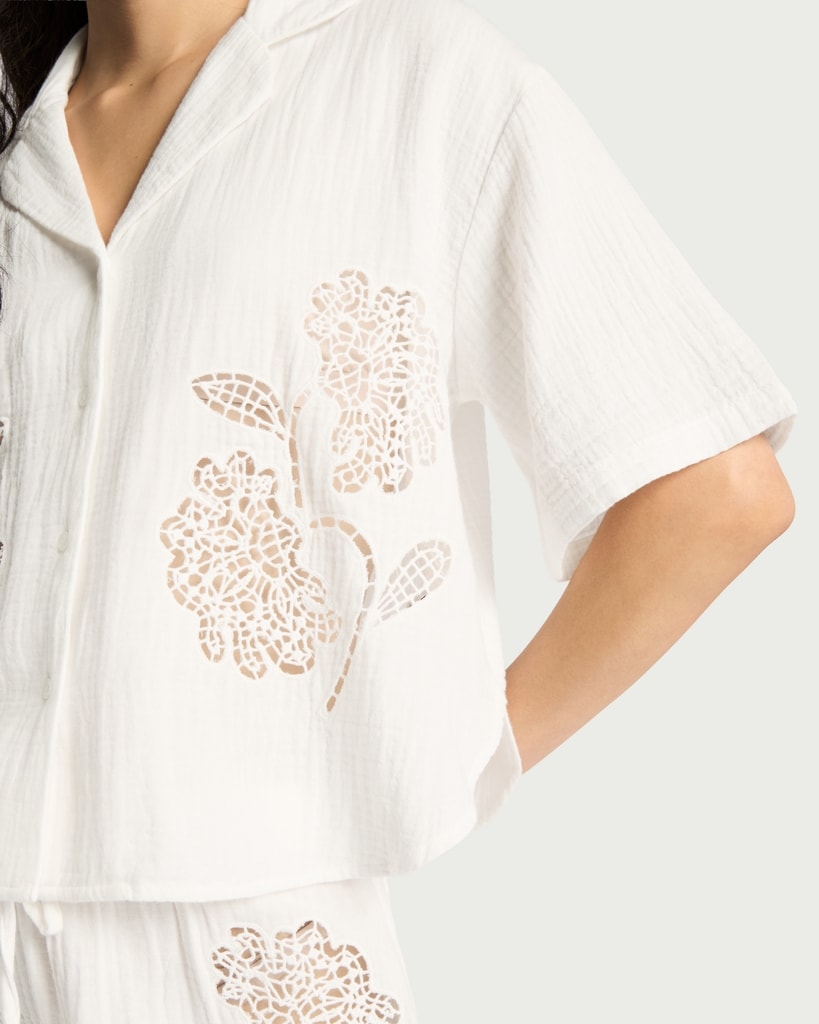 F&F Pure Cotton Cutwork Pyjama Shirt in White thumbnail 2