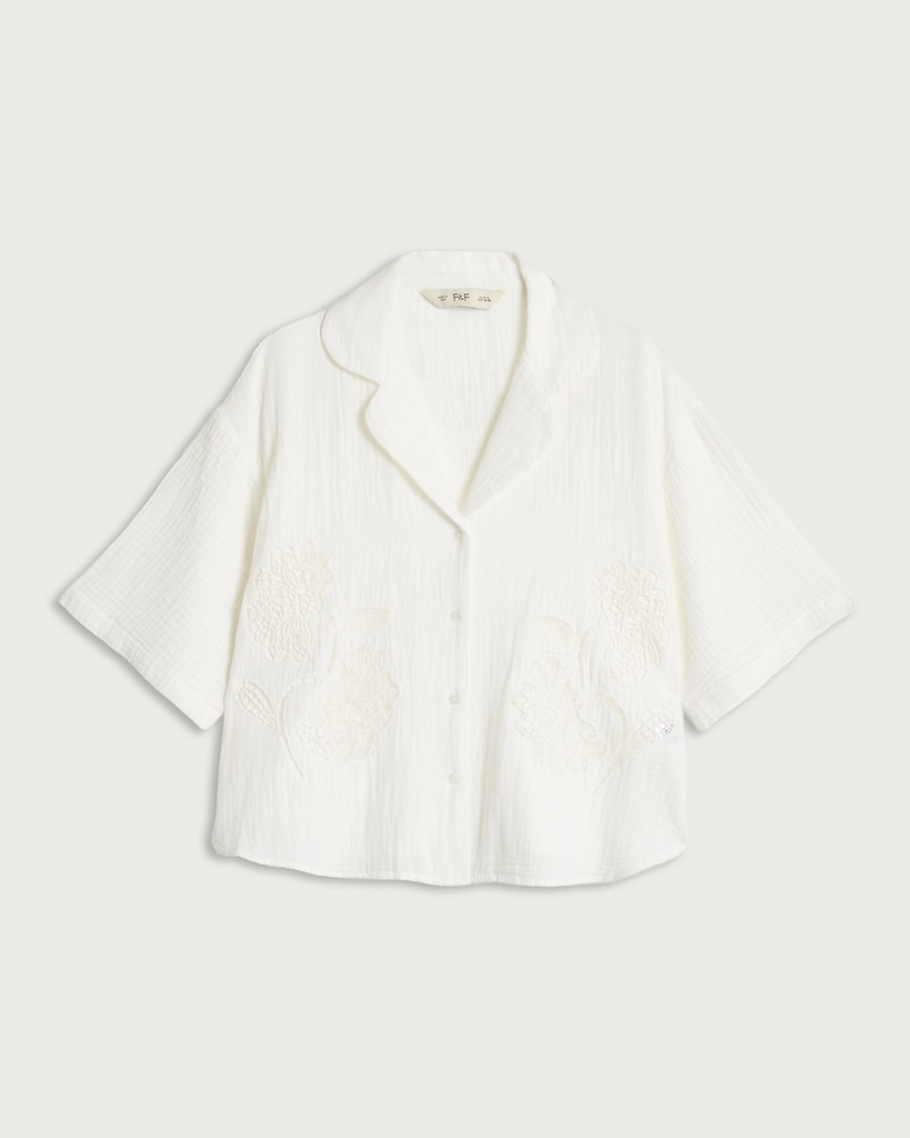F&F Pure Cotton Cutwork Pyjama Shirt in White thumbnail 4