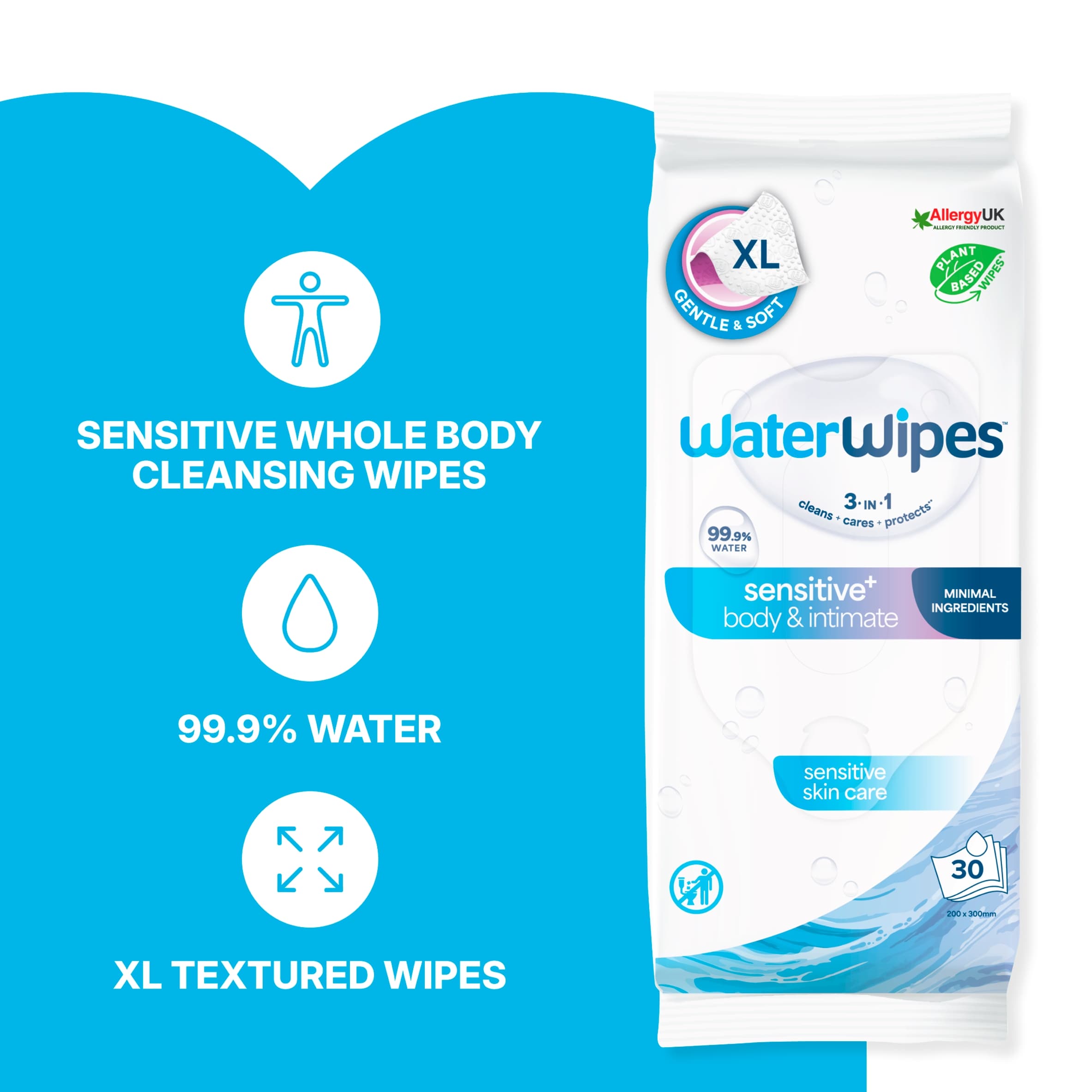 WaterWipes 3 in 1 Sensitive+ Body & Intimate Care XL 30 Wipes thumbnail 2