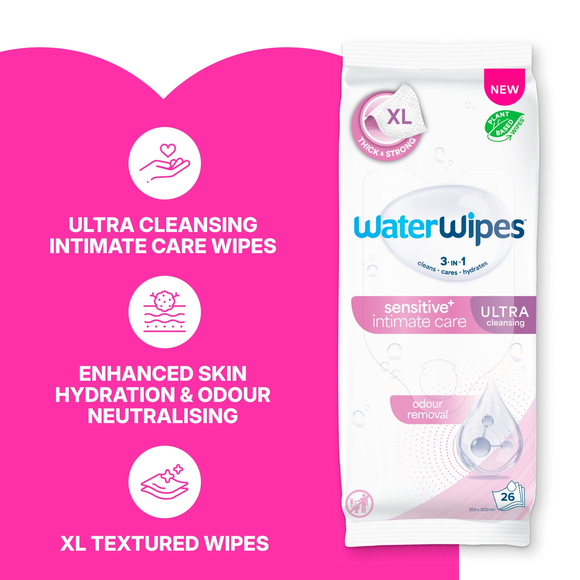 WaterWipes 3 in 1 Sensitive+ Intimate Care Ultra XL 26 Wipes thumbnail 2