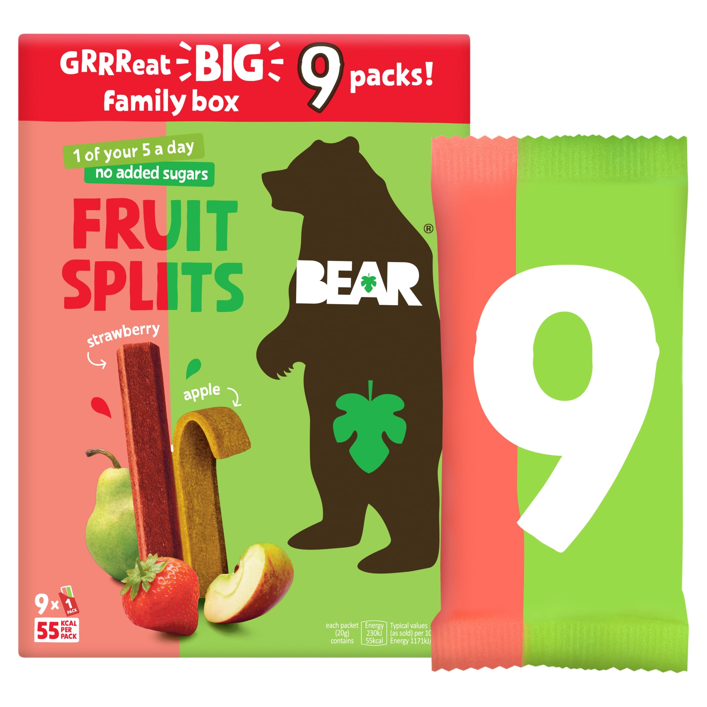 BEAR Fruit Splits Strawberry & Apple Multipack 9x20g