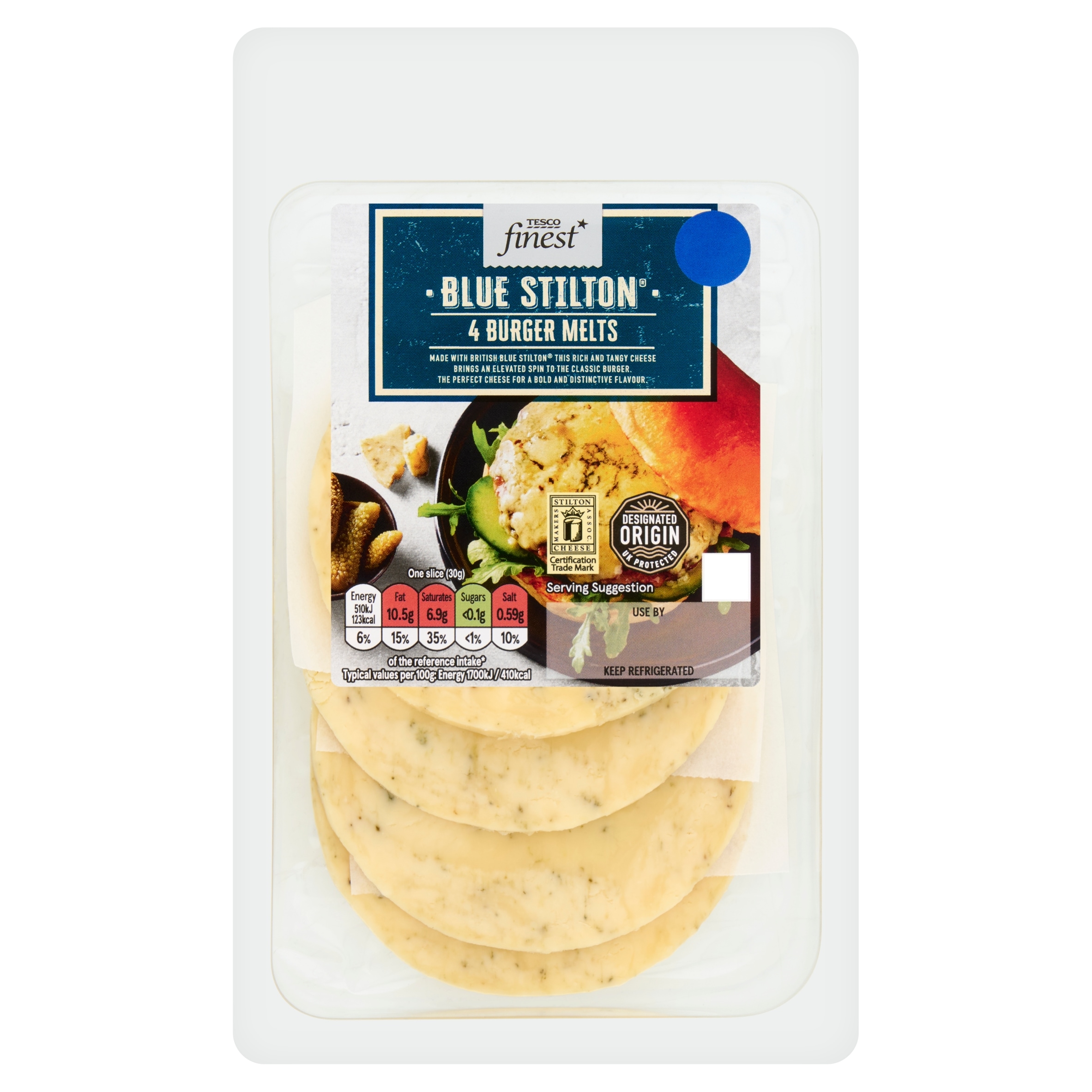 TESCO FINEST BLUE STILTON 4 BURGER MELTS 120G