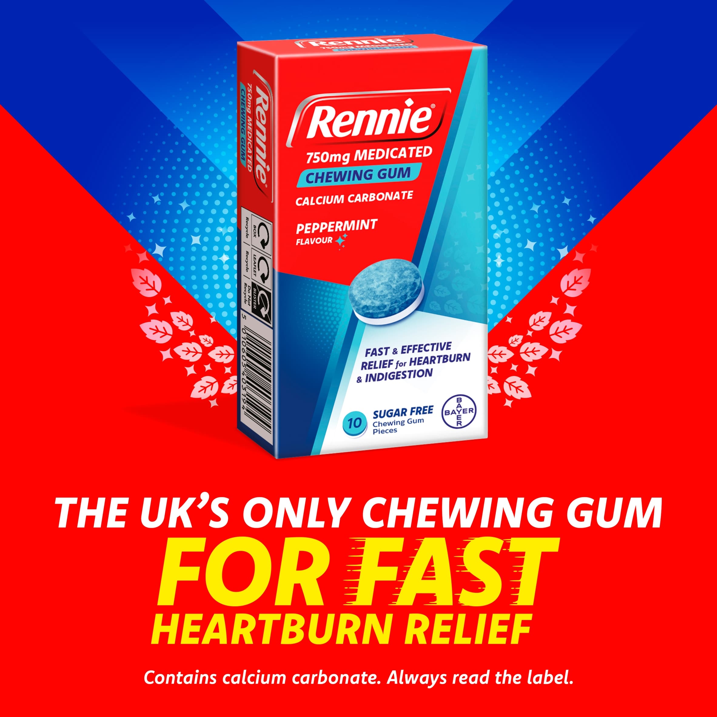 Rennie 750mg Medicated Chewing Gum Peppermint 10 Pieces thumbnail 2