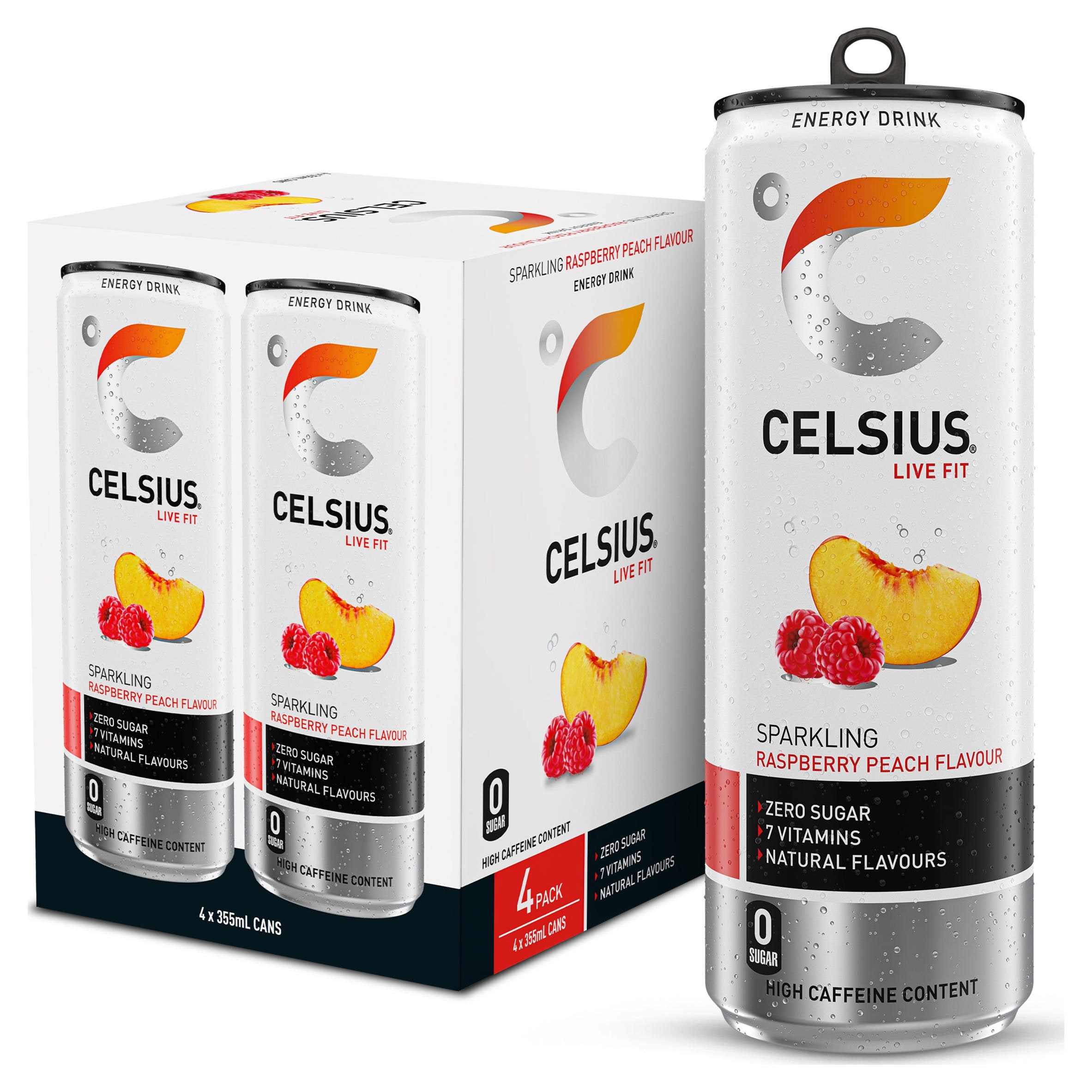 Celsius Live Fit Sparkling Raspberry Peach Flavour Zero Sugar Energy Drink 4x355ml
