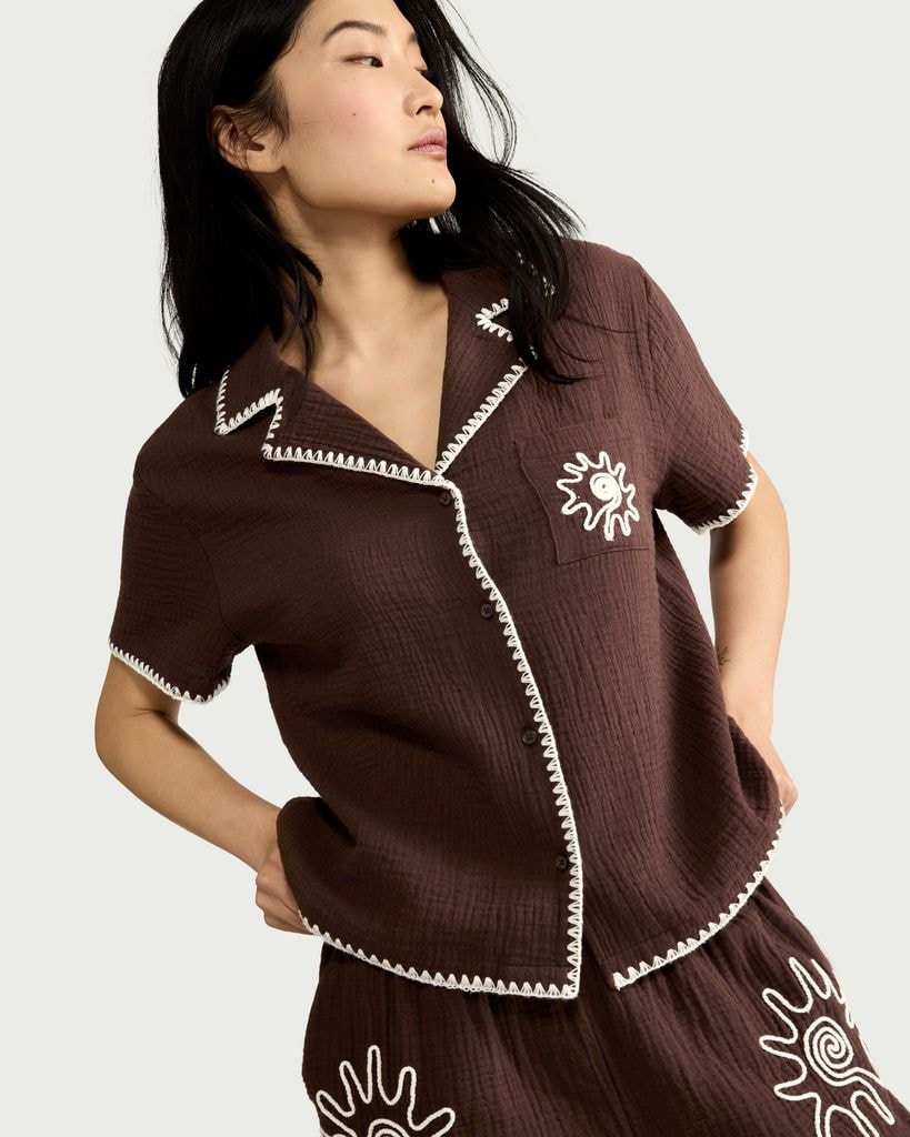 F&F Pure Cotton Embroidered Revere Short Pyjama Set in Brown