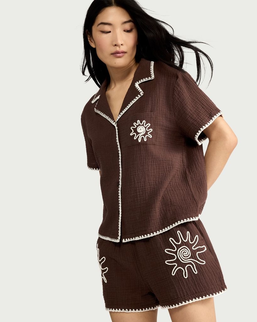F&F Pure Cotton Embroidered Revere Short Pyjama Set in Brown thumbnail 2