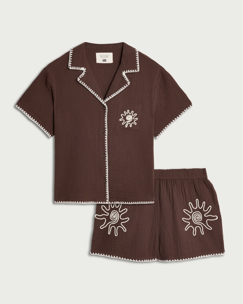 F&F Pure Cotton Embroidered Revere Short Pyjama Set in Brown thumbnail 3