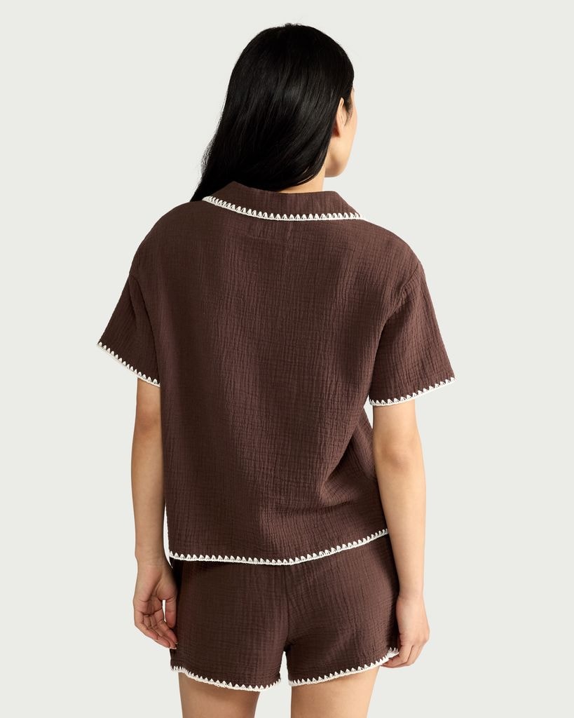 F&F Pure Cotton Embroidered Revere Short Pyjama Set in Brown thumbnail 4