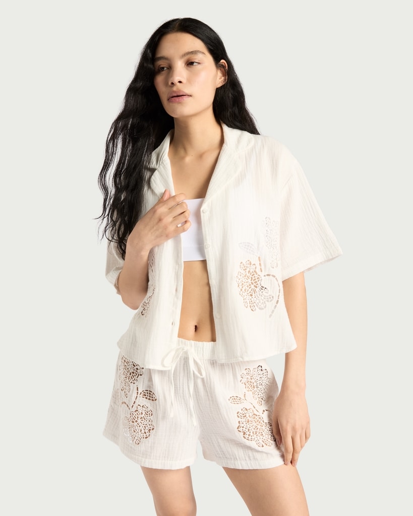 F&F Pure Cotton Cutwork Pyjama Shorts in White thumbnail 2
