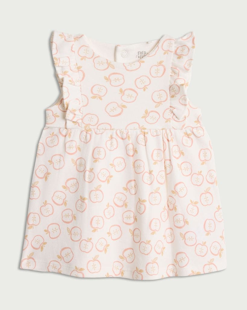 F&F Baby Organic Pure Cotton Apple Print Flutter Sleeved Dress in White