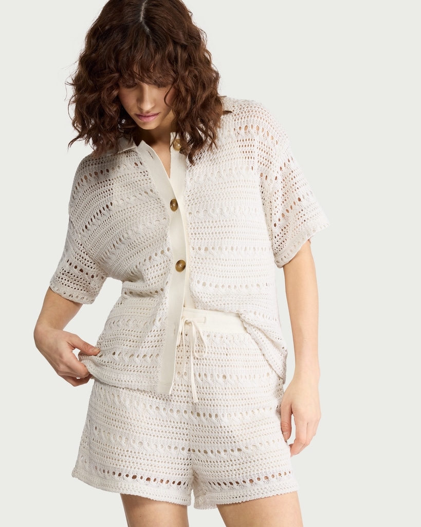 F&F Open Knit Drawstring Co-ord Shorts in Cream thumbnail 2