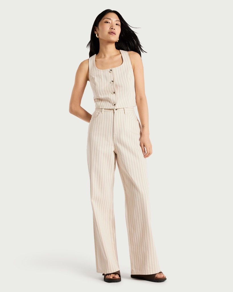F&F High Rise Striped Wide Leg Jeans in Neutral