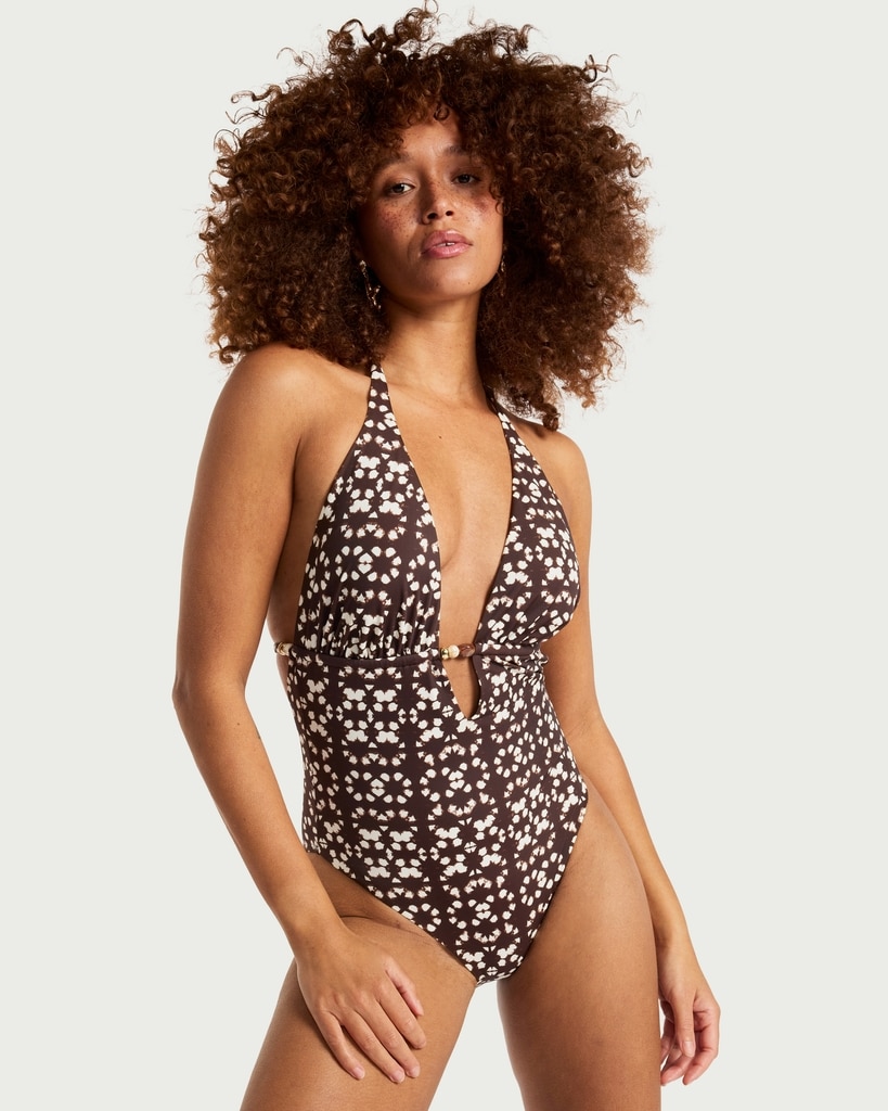 F&F Tie Dye Print Halterneck Plunge Swimsuit in Chocolate