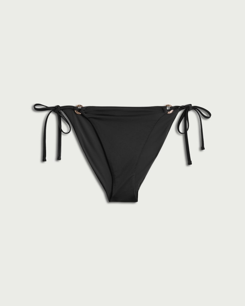 F&F Ring Detail High Leg Tie Side Bikini Bottoms in Black thumbnail 4