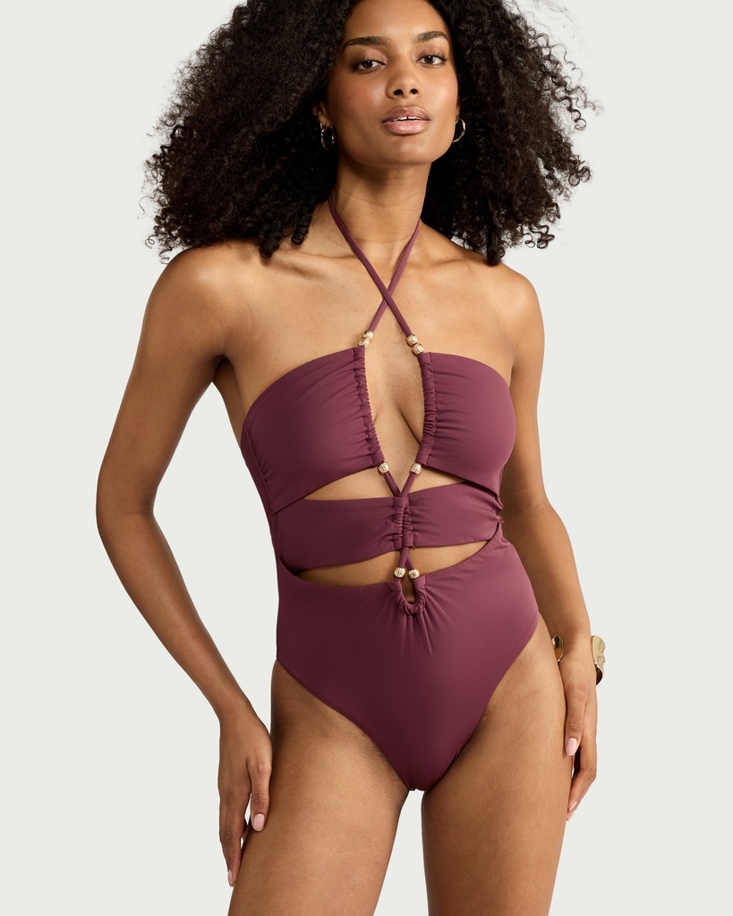F&F Cut Out Beaded Halterneck Swimsuit in Purple thumbnail 2