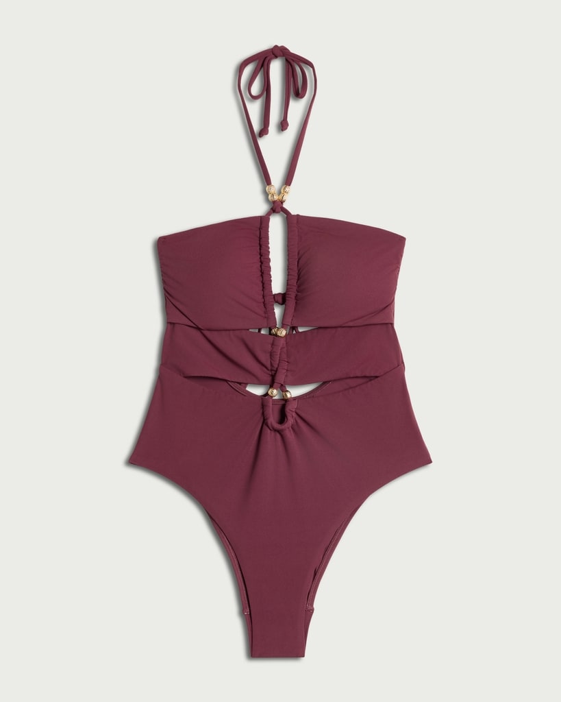 F&F Cut Out Beaded Halterneck Swimsuit in Purple thumbnail 4