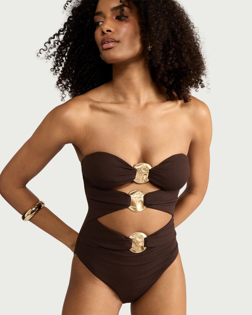 F&F Cut Out Metal Accent Bandeau Swimsuit in Brown thumbnail 2