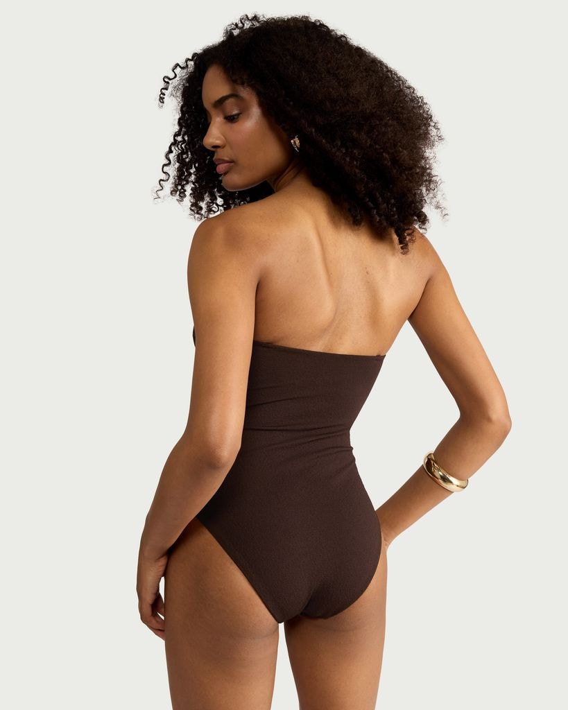F&F Cut Out Metal Accent Bandeau Swimsuit in Brown thumbnail 3