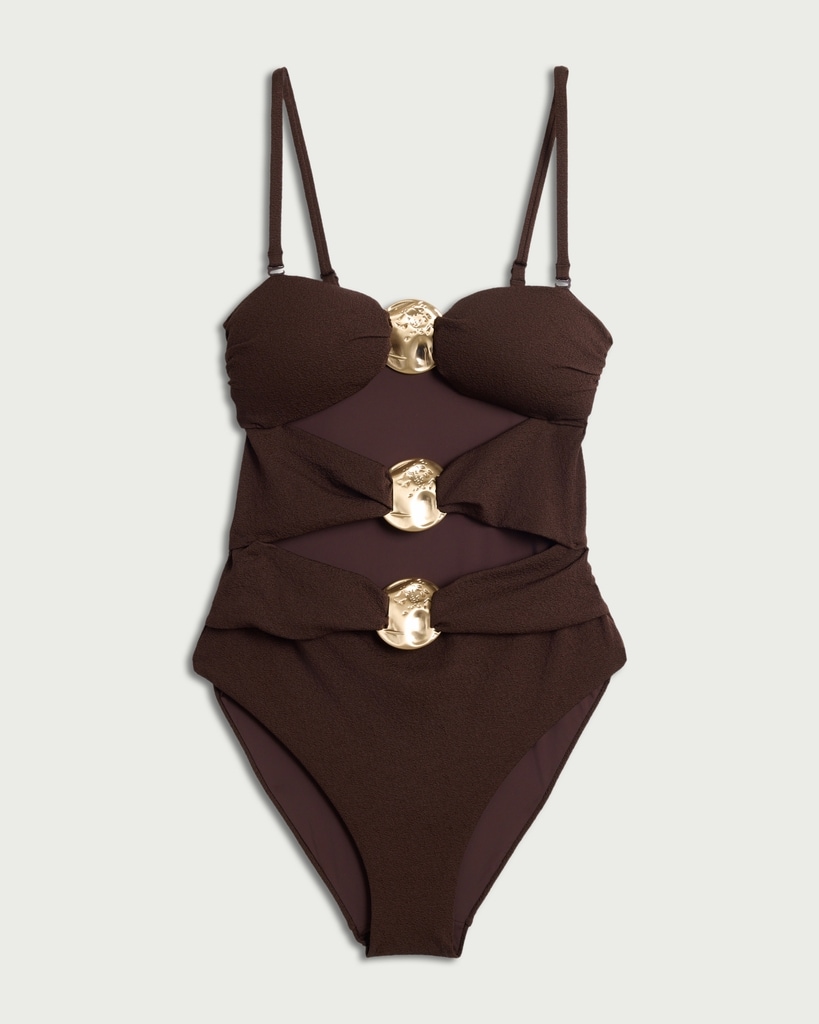 F&F Cut Out Metal Accent Bandeau Swimsuit in Brown thumbnail 4