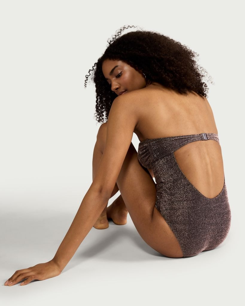 F&F Metallic Cut Out Halterneck Bandeau Swimsuit in Chocolate thumbnail 2