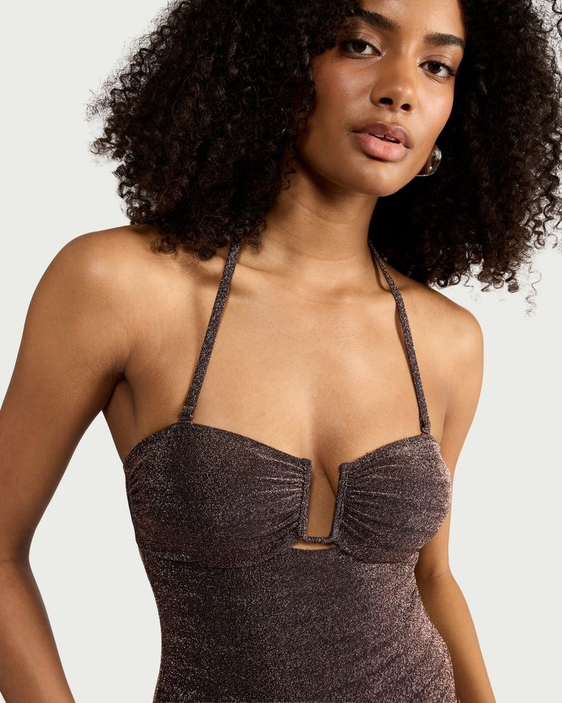 F&F Metallic Cut Out Halterneck Bandeau Swimsuit in Chocolate thumbnail 3
