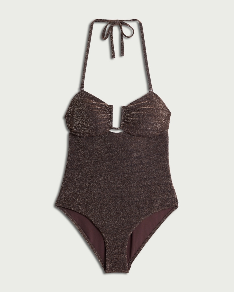 F&F Metallic Cut Out Halterneck Bandeau Swimsuit in Chocolate thumbnail 4