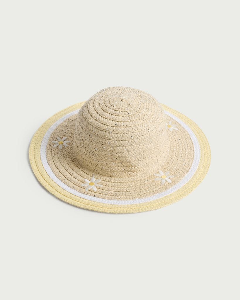 F&F Girls Straw Daisy Embroidered Hat in Neutral